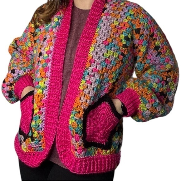 Hand Crafted Sweaters - Handcrafted Crochet Hexagon Cardigan Sweater Open Front Wide Sleeve 2 Pockets